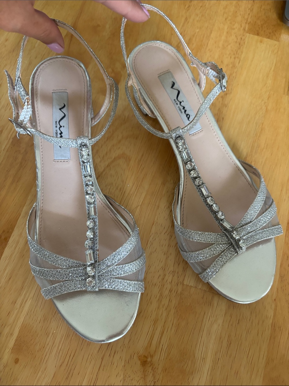 Nina Silver T-Strap Rhinestone Dress Sandals